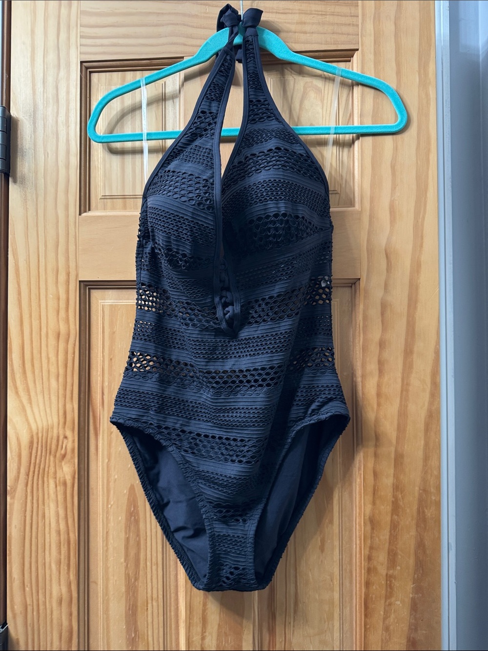 Bleu Rod Beattie Black Crochet Halter One-Piece Swimsuit